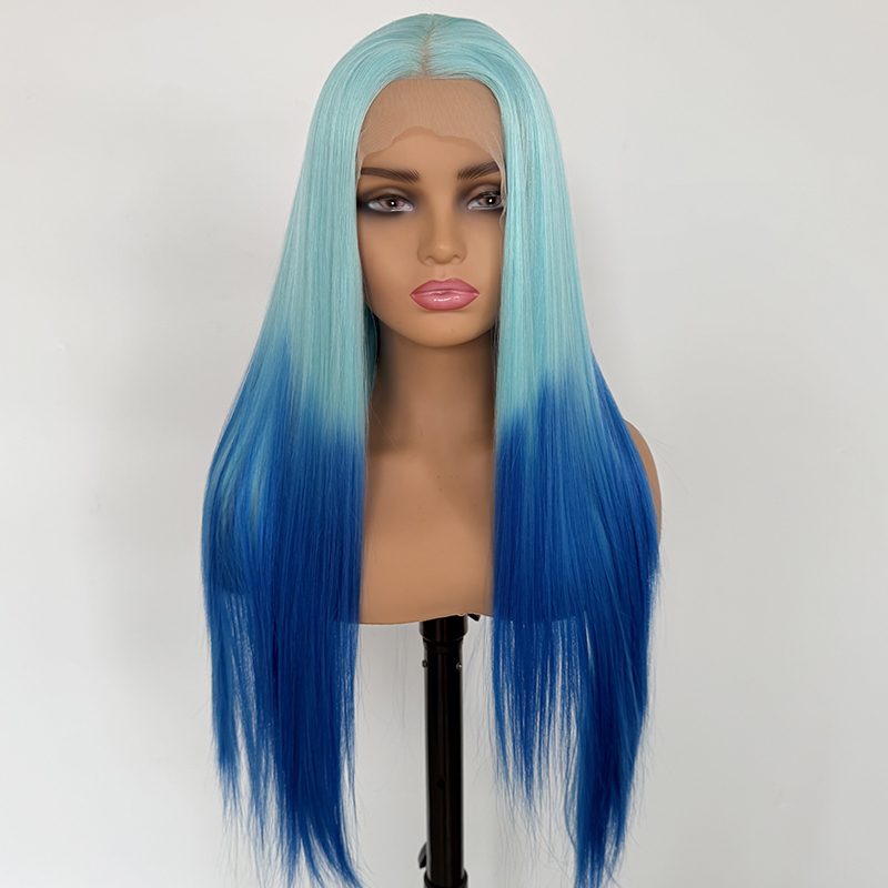 Blue Ombre Wig: 26" Straight Heat-Friendly Synthetic Hair