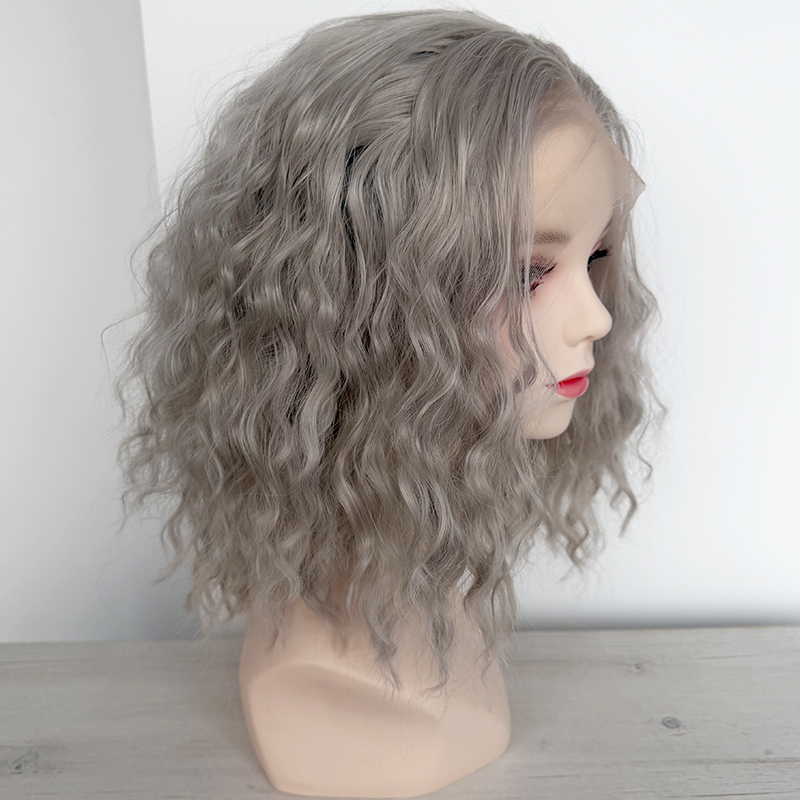 Blunt Cut Grey Curly Hair 13x4 Lace Front Synthetic Wig Grey Heat Resistant Fiber Wigs