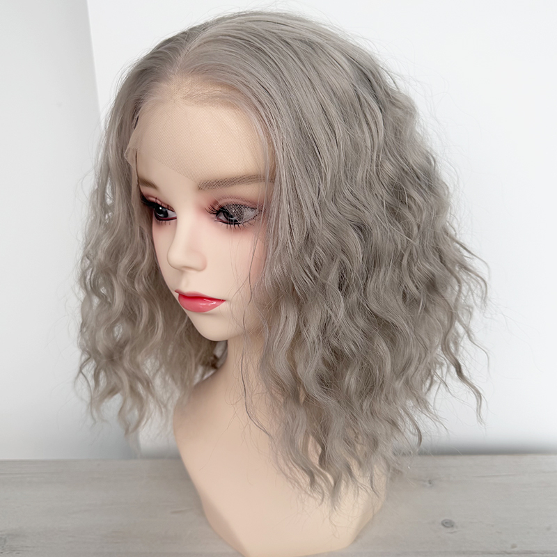 Blunt Cut Grey Curly Hair 13x4 Lace Front Synthetic Wig Grey Heat Resistant Fiber Wigs