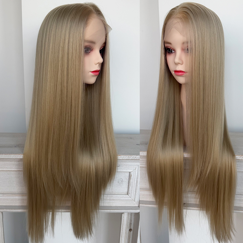#22 Light Ash Golden Brown 13x4 Lace Front Wig Silk Straight Synthetic Heat Resistant Fiber Wig