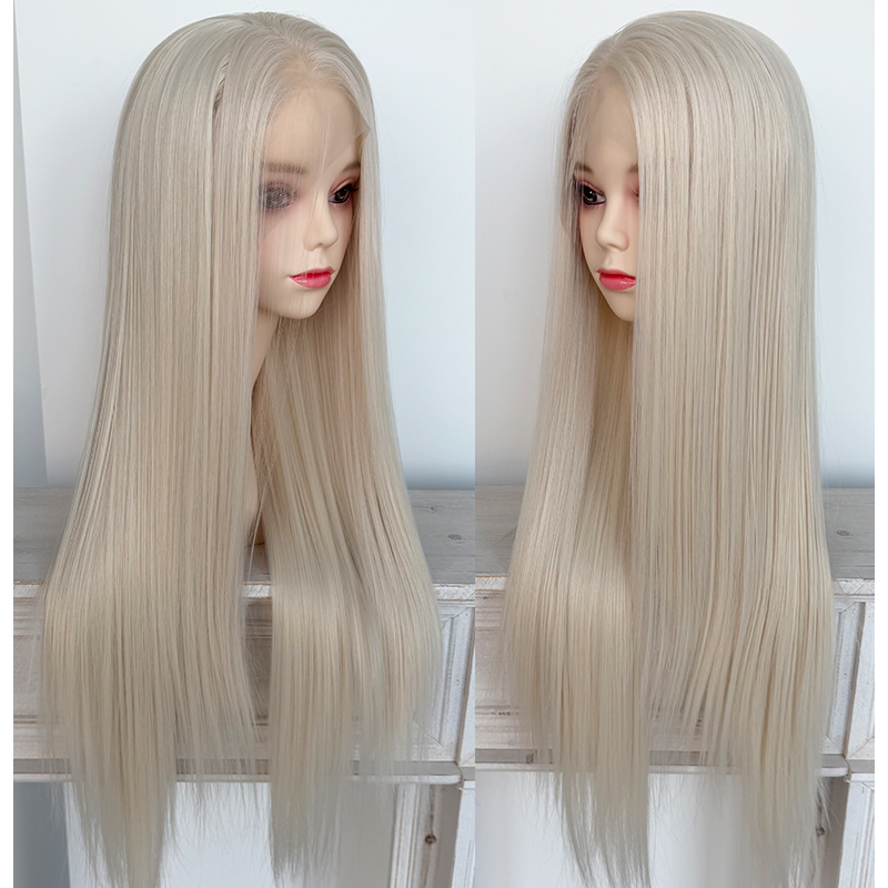 #60 White Hair 13x4 Lace Front Wig Silk Straight Synthetic Heat Resistant Fiber Wig