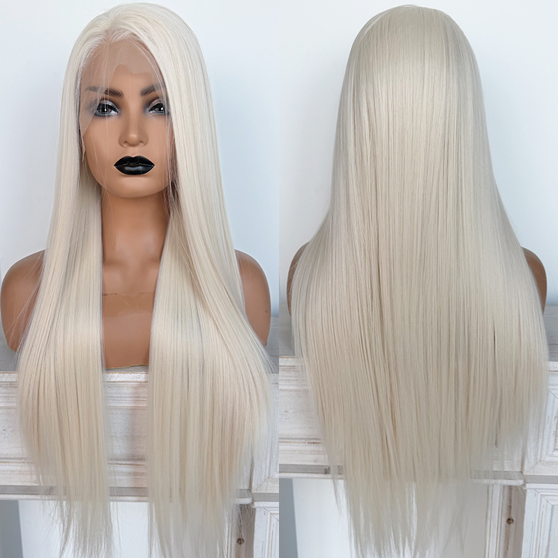 Silk Straight #60 Light White Synthetic Heat Resistant Fiber 13x4 Lace Front Wig