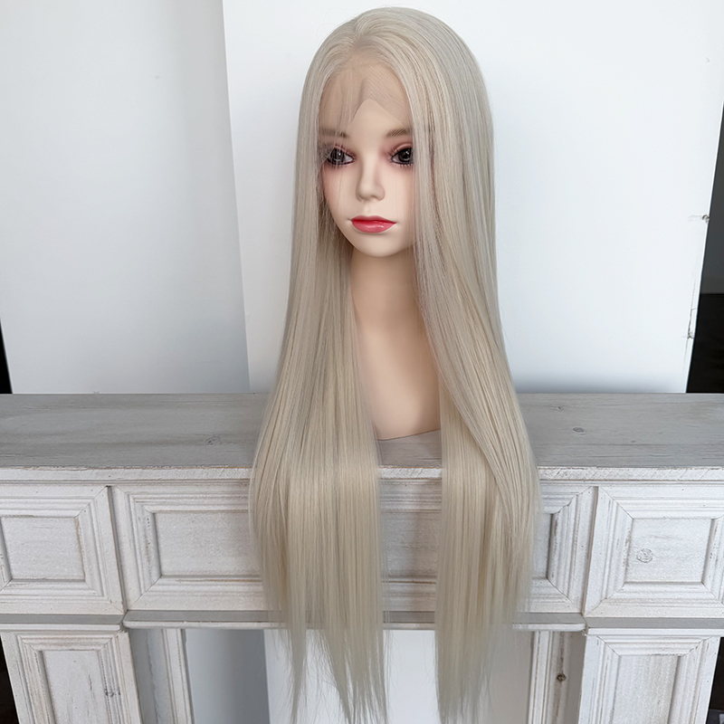 #60 White Hair 13x4 Lace Front Wig Silk Straight Synthetic Heat Resistant Fiber Wig
