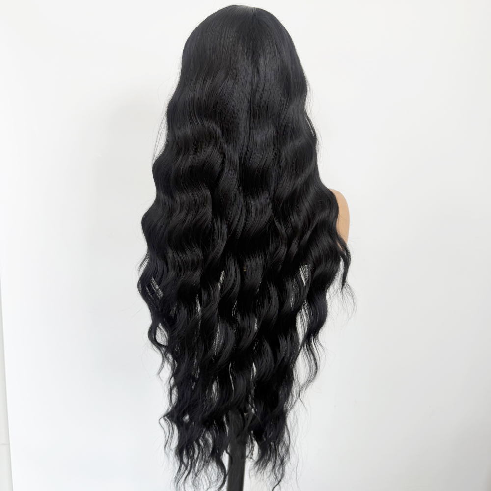 32Inch Black Hair Loose Wave Hairstyle Synthetic 13x4 Front Lace Heat Resistant Long Curly Wig
