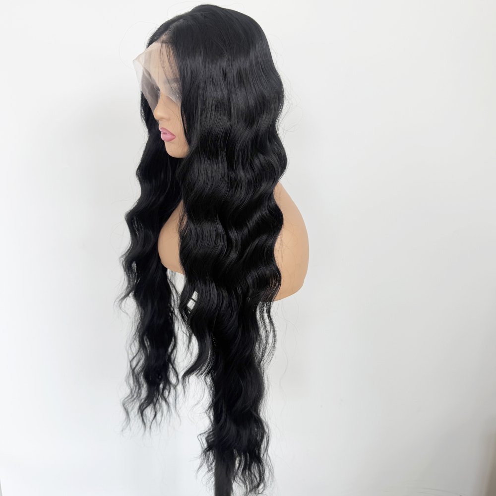 32Inch Black Hair Loose Wave Hairstyle Synthetic 13x4 Front Lace Heat Resistant Long Curly Wig