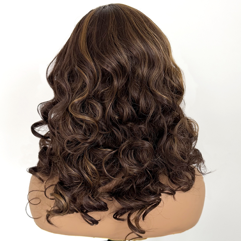 Piano Highlight #6/27 Brown Color Shoulder Length Bouncy Curly Heat Resistant Fiber 13x4 Synthetic Lace Wig