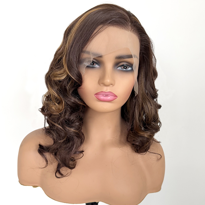 Piano Highlight #6/27 Brown Color Shoulder Length Bouncy Curly Heat Resistant Fiber 13x4 Synthetic Lace Wig