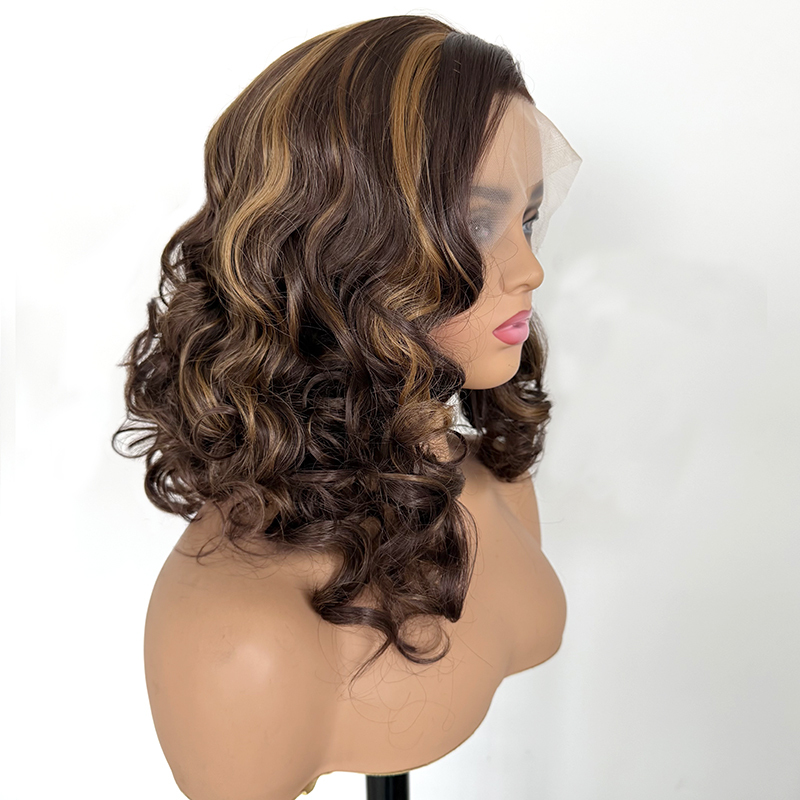 Piano Highlight #6/27 Brown Color Shoulder Length Bouncy Curly Heat Resistant Fiber 13x4 Synthetic Lace Wig