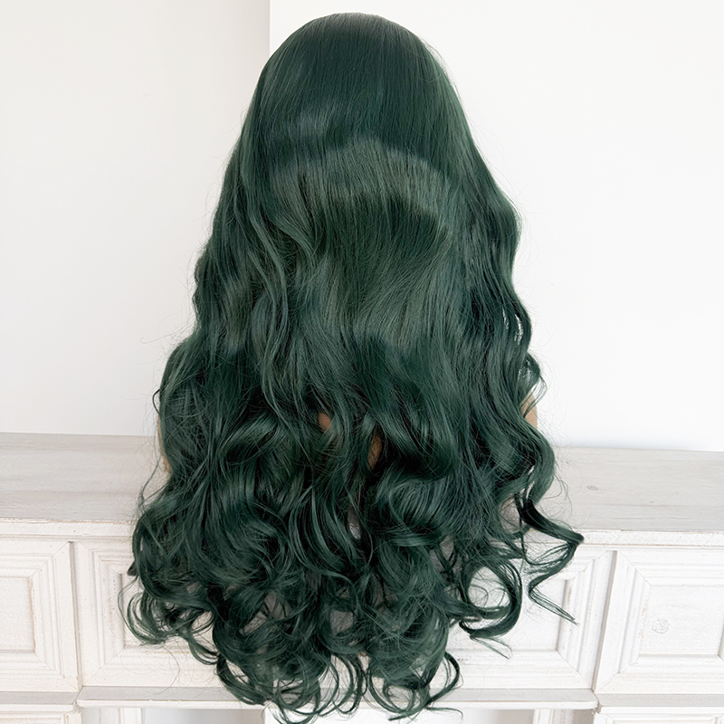 Permanent Super Wave Green Hair Color Heat Resistant Synthetic Lace Wig