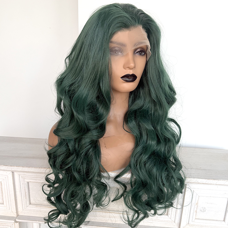 Permanent Super Wave Green Hair Color Heat Resistant Synthetic Lace Wig