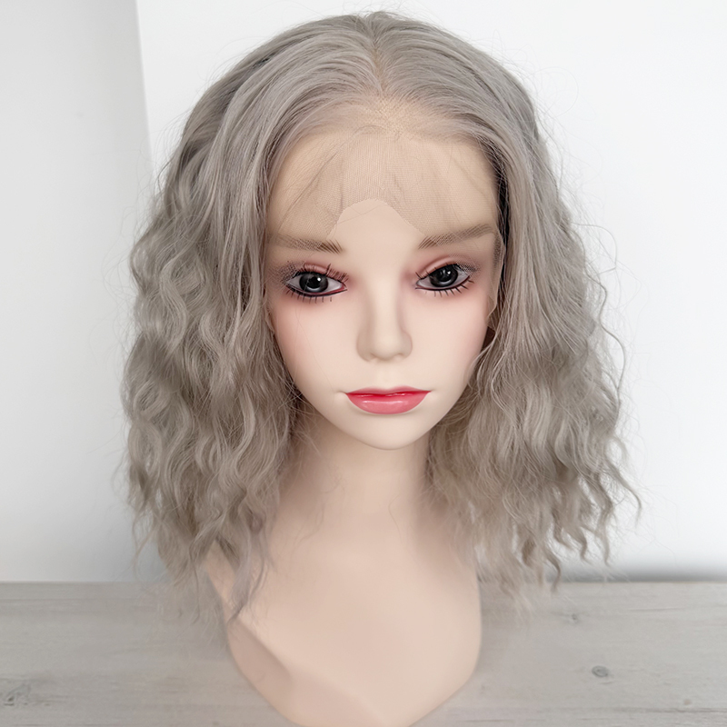 Blunt Cut Grey Curly Hair 13x4 Lace Front Synthetic Wig Grey Heat Resistant Fiber Wigs