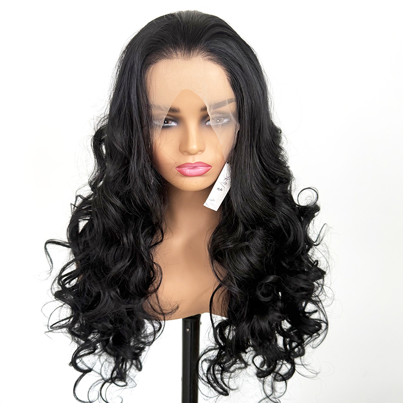 Permanent Bouuncy Wave Curly Black Hair Heat Resistant Synthetic Lace Wig Futura Fiber 26Inch