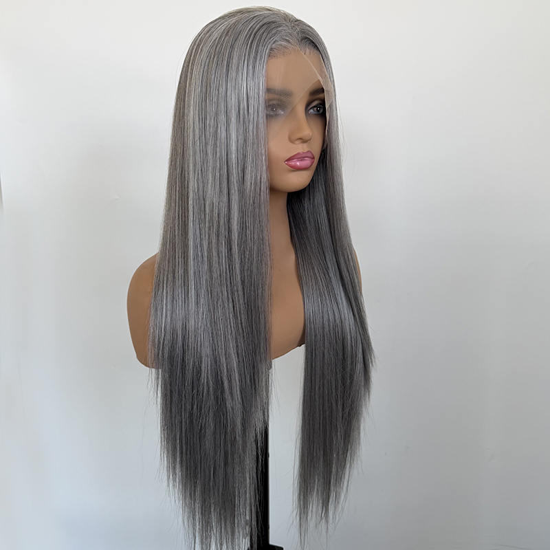 Charming Mixed Grey Hair Silk Straight 13x4 Lace Front Synthetic Wig 26Inch