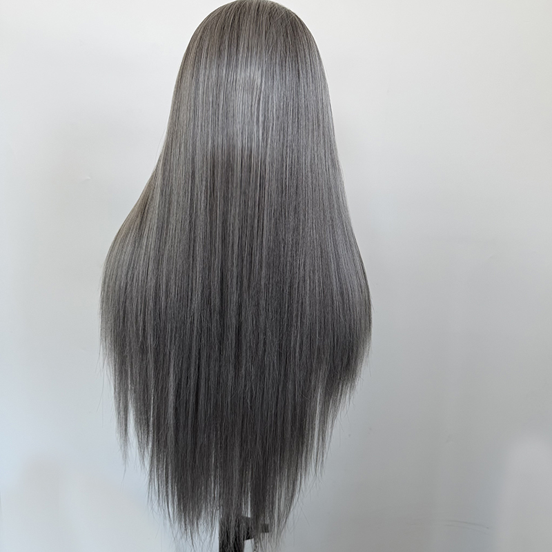 Charming Mixed Grey Hair Silk Straight 13x4 Lace Front Synthetic Wig 26Inch
