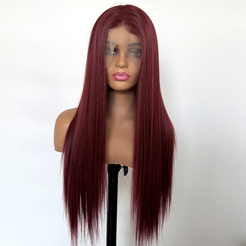 Burgundy Silk Straight  Heat Resistant Fiber Wig 13x4 lace Front Futura Wig