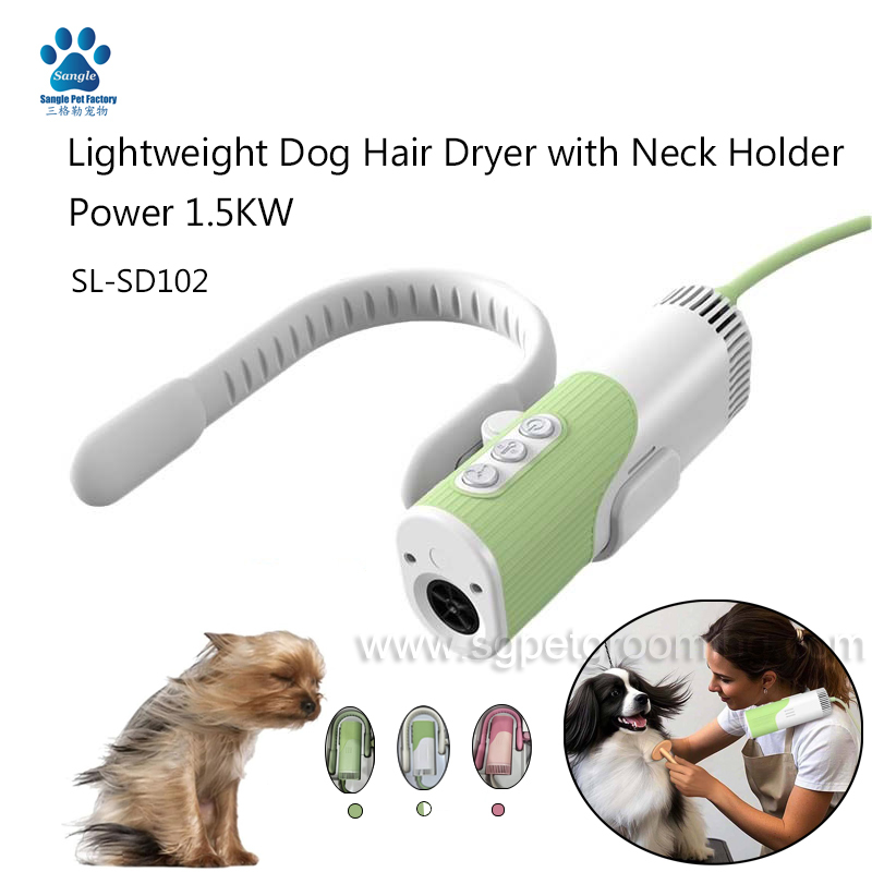 Secador de pelos portátil e leve para animais de estimação com suporte para pescoço, potência de 1500W.