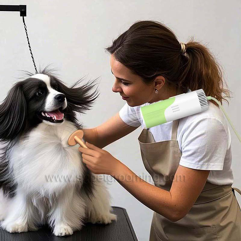 Secador de pelos portátil e leve para animais de estimação com suporte para pescoço, potência de 1500W.