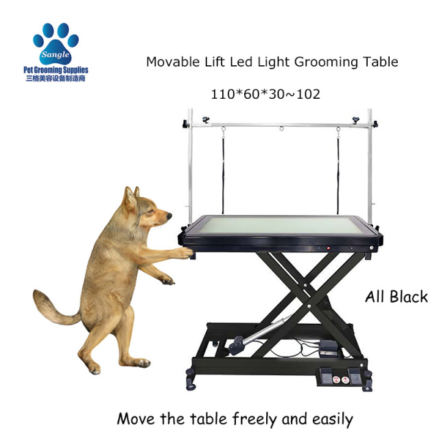 Mesa de tosa elétrica para animais de estimação com luz embutida, rodas e pés de fixação.
