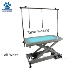 Mesa de tosa elétrica para animais de estimação com luz embutida, rodas e pés de fixação.