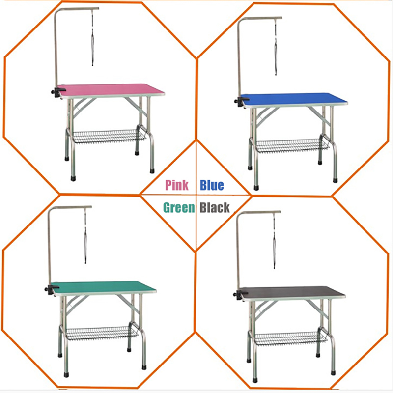 Mesa dobrável para tosa de animais de estimação com suporte e braço em aço inoxidável.