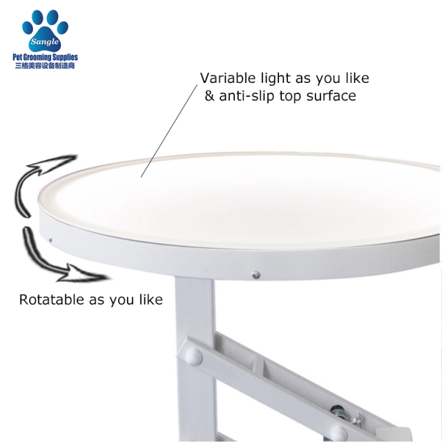LED 조명이 장착된 에어 리프트 지지대가 있는 원형 애완동물 미용 테이블