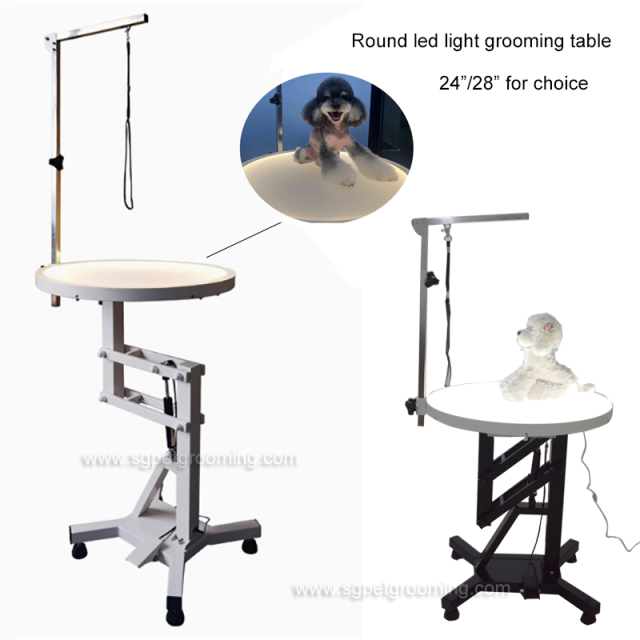 LED 조명이 장착된 에어 리프트 지지대가 있는 원형 애완동물 미용 테이블