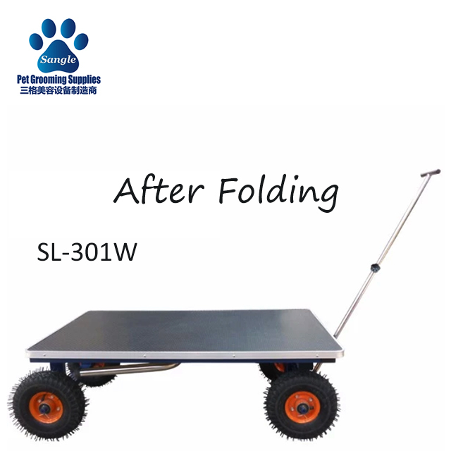 Mesa dobrável para tosa de animais de estimação com rodas.