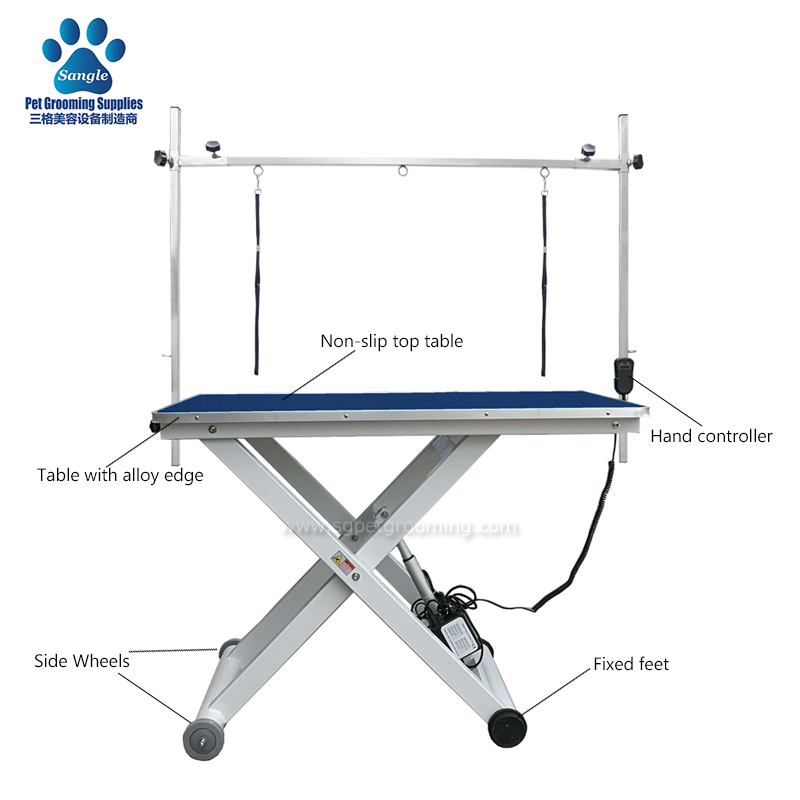 Mesa de tosa elétrica tipo X, removível e fixável, com rodas.