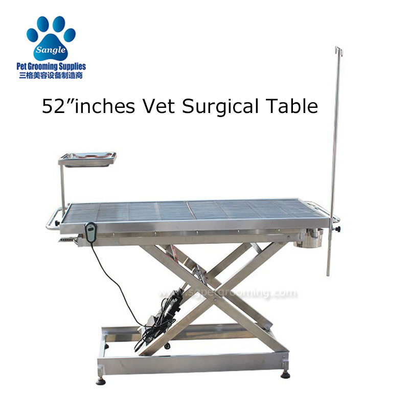 Mesa cirúrgica veterinária com grelha em aço inoxidável e elevação elétrica.