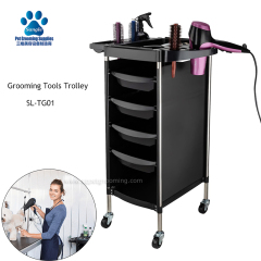 Carrinho para salão de tosa de animais de estimação na cor preta, com mobilidade livre.