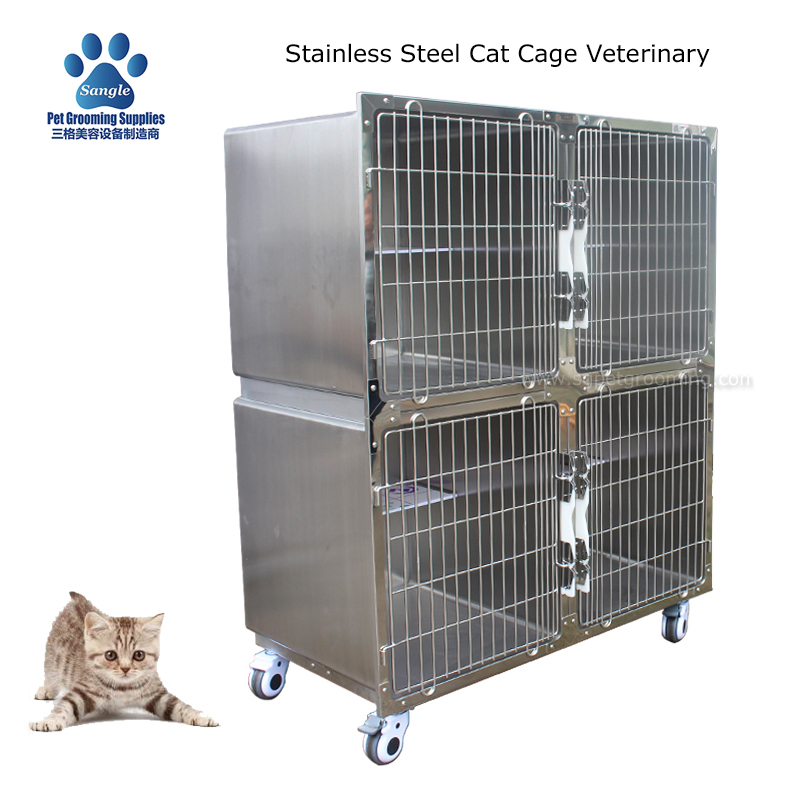 Gaiola veterinária de aço inoxidável para gatos com 4 compartimentos.