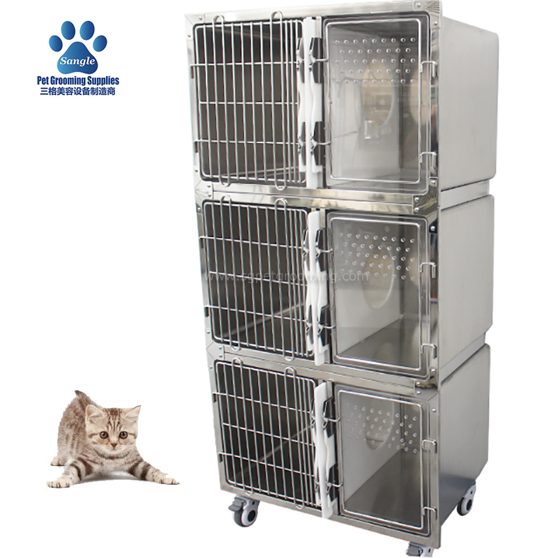 Sangkar Kucing Keluli Tahan Karat Veterinar Tiga Tingkat