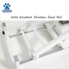 Mesa de tosa para cães com elevação elétrica e gavetas, de fácil acesso.