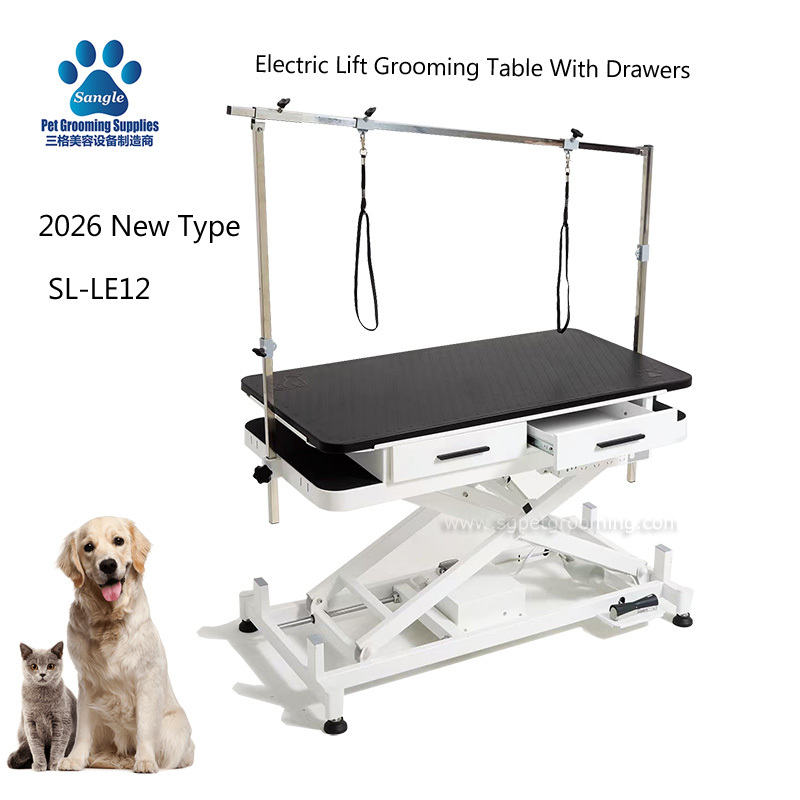 Mesa de tosa para cães com elevação elétrica e gavetas, de fácil acesso.