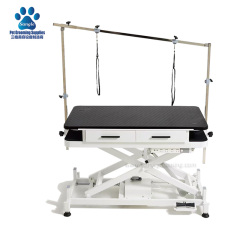 Mesa de tosa para cães com elevação elétrica e gavetas, de fácil acesso.