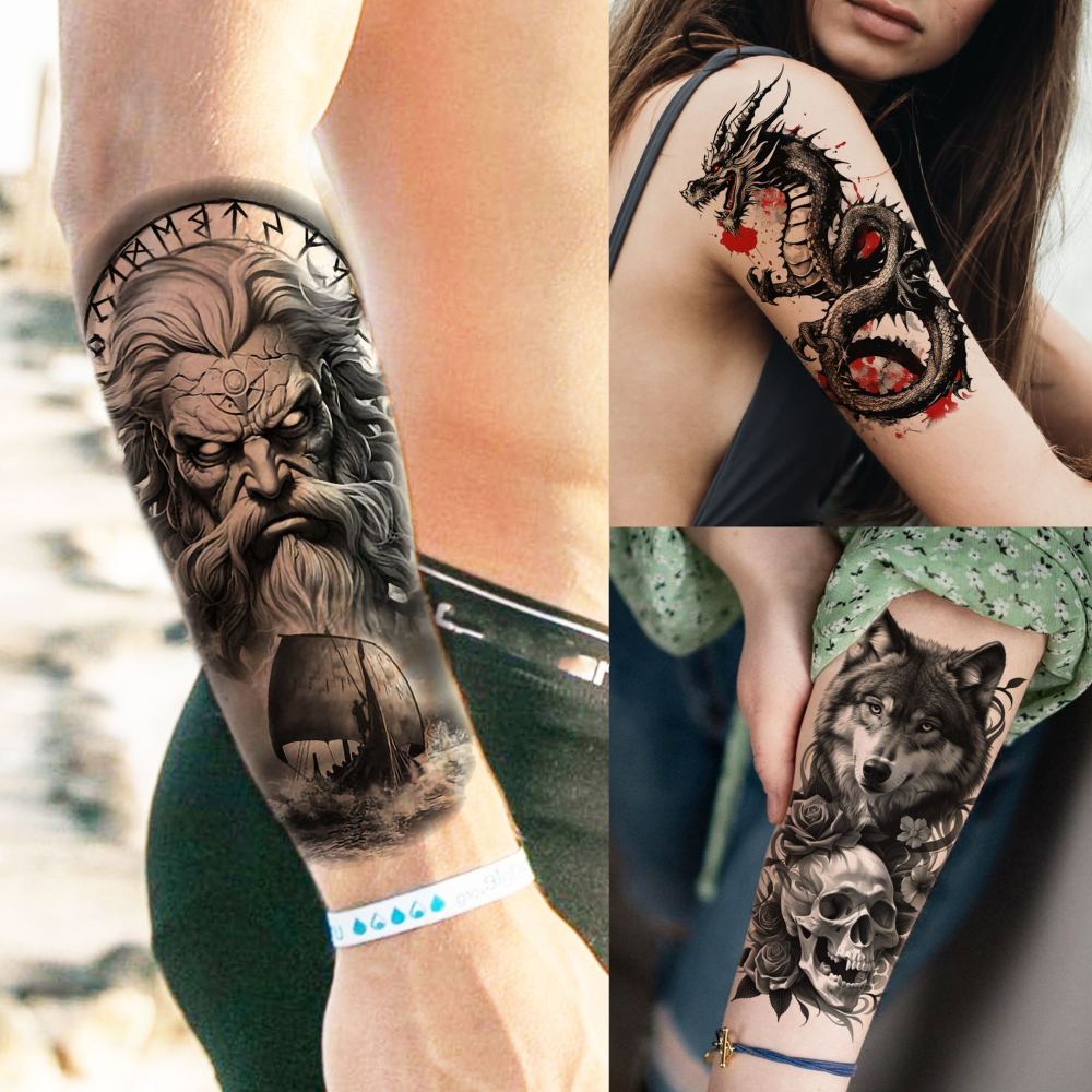 72 Sheets Cool Lion Tiger Temporary Tattoos For Women Men Adults, Waterproof Realistic Halloween Fake Tattoo Stickers Zeus God Jesus Christ Wolf Skull Skeleton Owl Dragon, Temp Gothic Black Tattoo