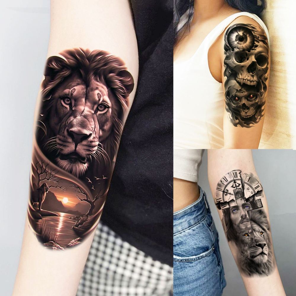 72 Sheets Cool Lion Tiger Temporary Tattoos For Women Men Adults, Waterproof Realistic Halloween Fake Tattoo Stickers Zeus God Jesus Christ Wolf Skull Skeleton Owl Dragon, Temp Gothic Black Tattoo