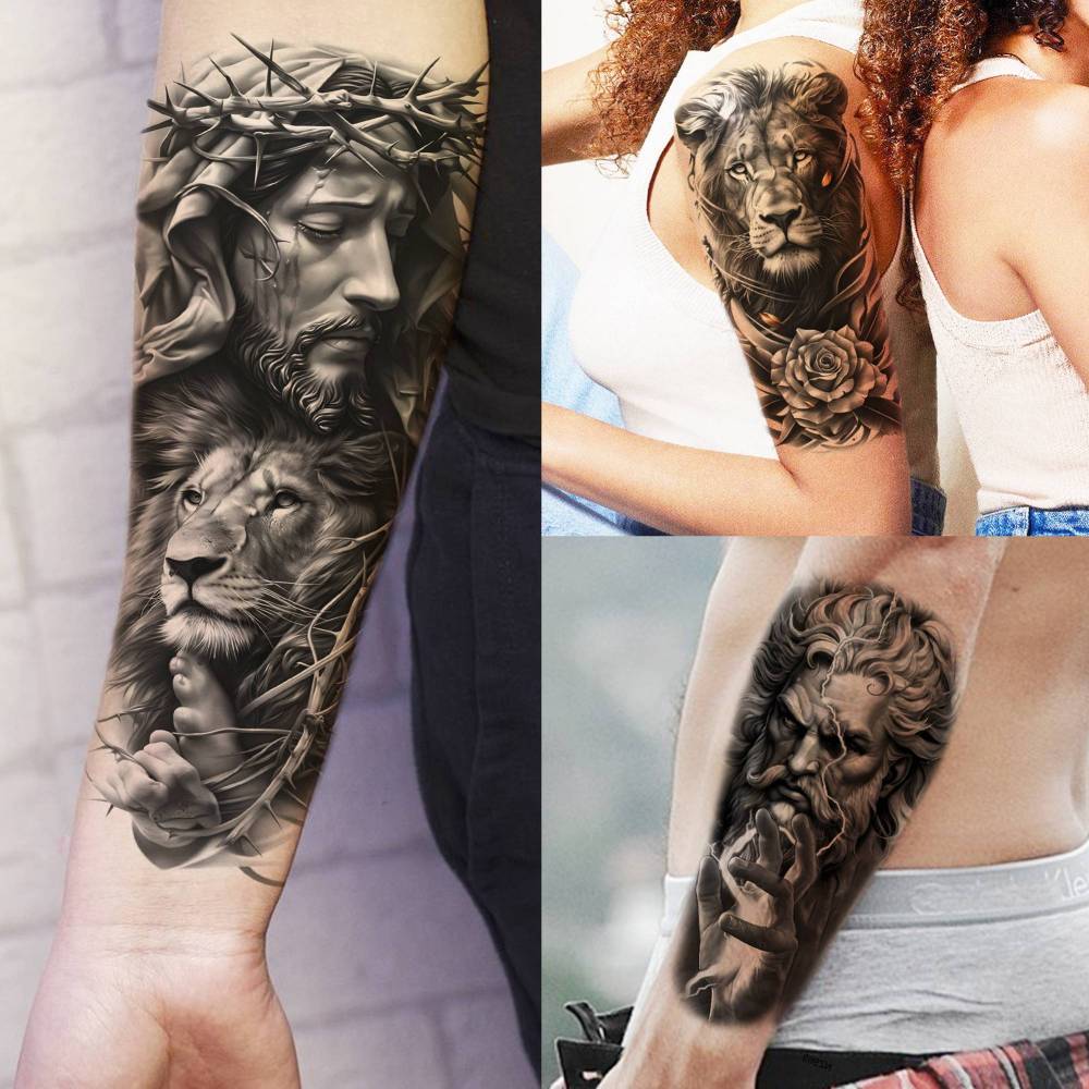 73 Sheets Black Wolf Lion Temporary Tattoos For Men Women, Halloween Half Arm Sleeve Tattoo Stickers Tiger Zeus Jesus Christ Dragon, Bulk Temp Waterproof Fake Tattoos For Adults Owl Skull Skeleton