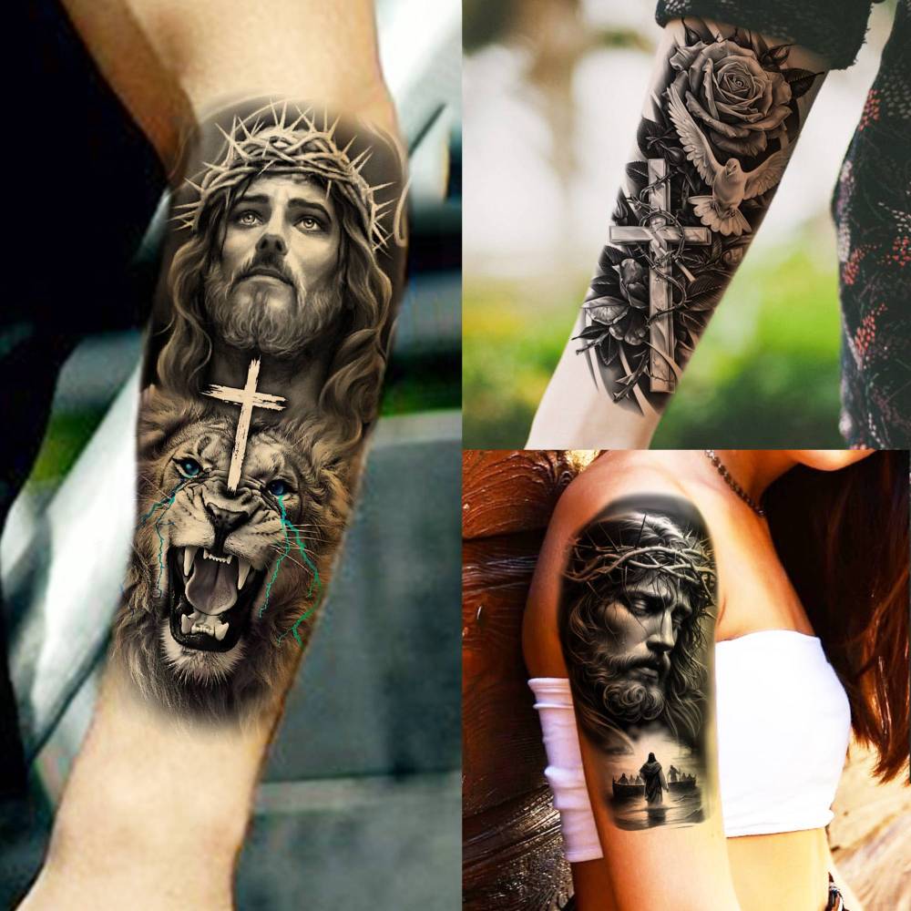 74 Sheets Jesus Christ Temporary Tattoos For Women Men, Half Arm Large Religious God Christian Lion Cross Fake Tattoos Adults, Bulk Realistic Angels Virgin Mary Tattoos Stickers Faith Peace