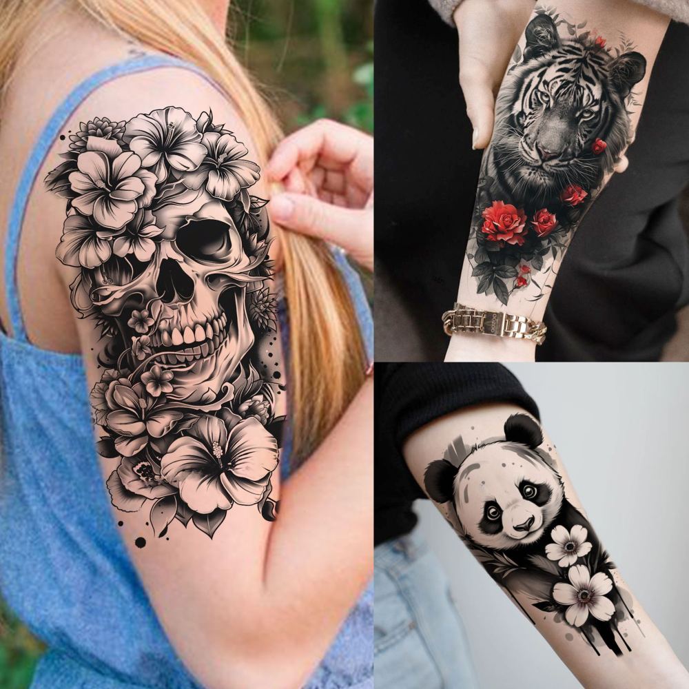 66 Sheets Snake Rose Flower Temporary Tattoos For Women Girls, Dragon Panda Florals Half Arm Sleeve Tattoo Sticker Dreamcatcher Floral, Skull Temp Butterfly Fake Tattoos For Adults Lion Tiger Leopard