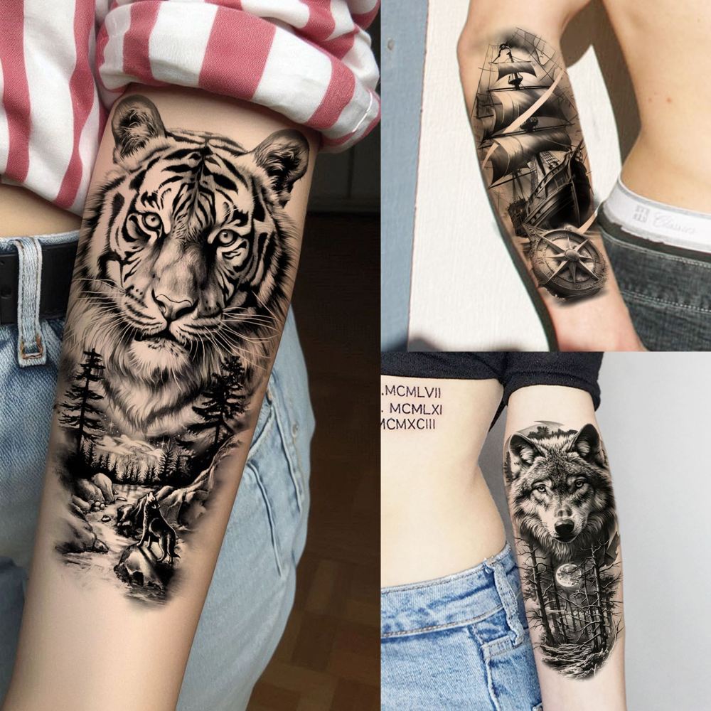 73 Sheets Realistic Lion Temporary Tattoos For Men Women Adults, Zeus Poseidon God Half Arm Sleeve Fake Tattoo Sticker Tiger Wolf Skull Flower, 3D Temp Bulk Long Lasting Owl Ship Halloween Tattoo Rose