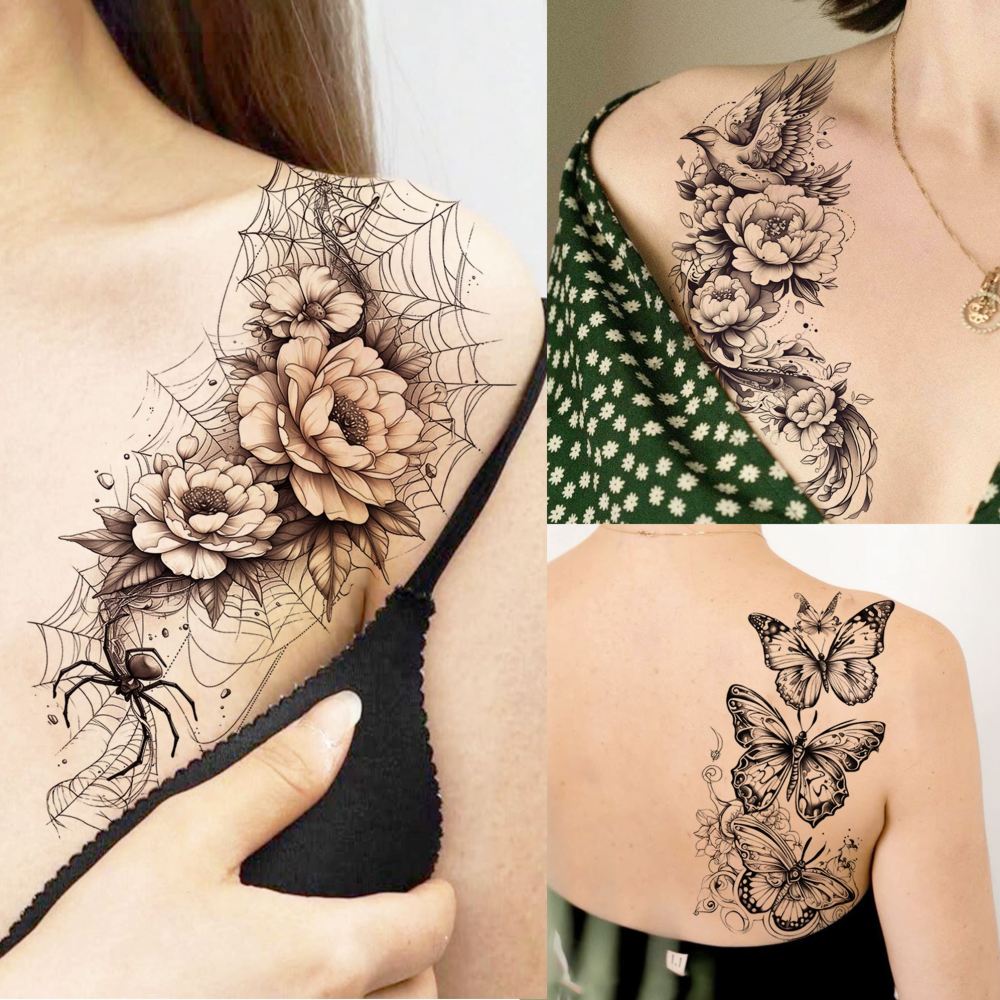 71 Sheets Rose Peony Flower Temporary Tattoos For Women Adults, Black Florals Half Arm Sleeve Realistic Temp Bulk Fake Tattoo Stickers Butterfly Ship Bee Carp Turtle Elephant Whale Spider Web Skull