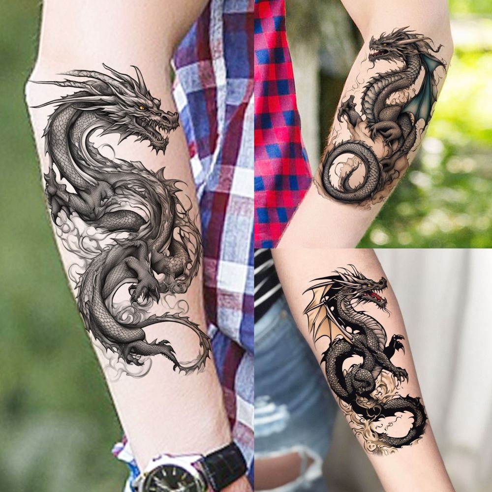 76 Sheets Realistic Dragon Temporary Tattoos For Men Women Adults Legs, Imperial Chinese Loong Half Arm Sleeve Fake Tattoo Stickers, 3D Black Halloween Long Lasting Temp Bulk Greek Mythology Tattoo