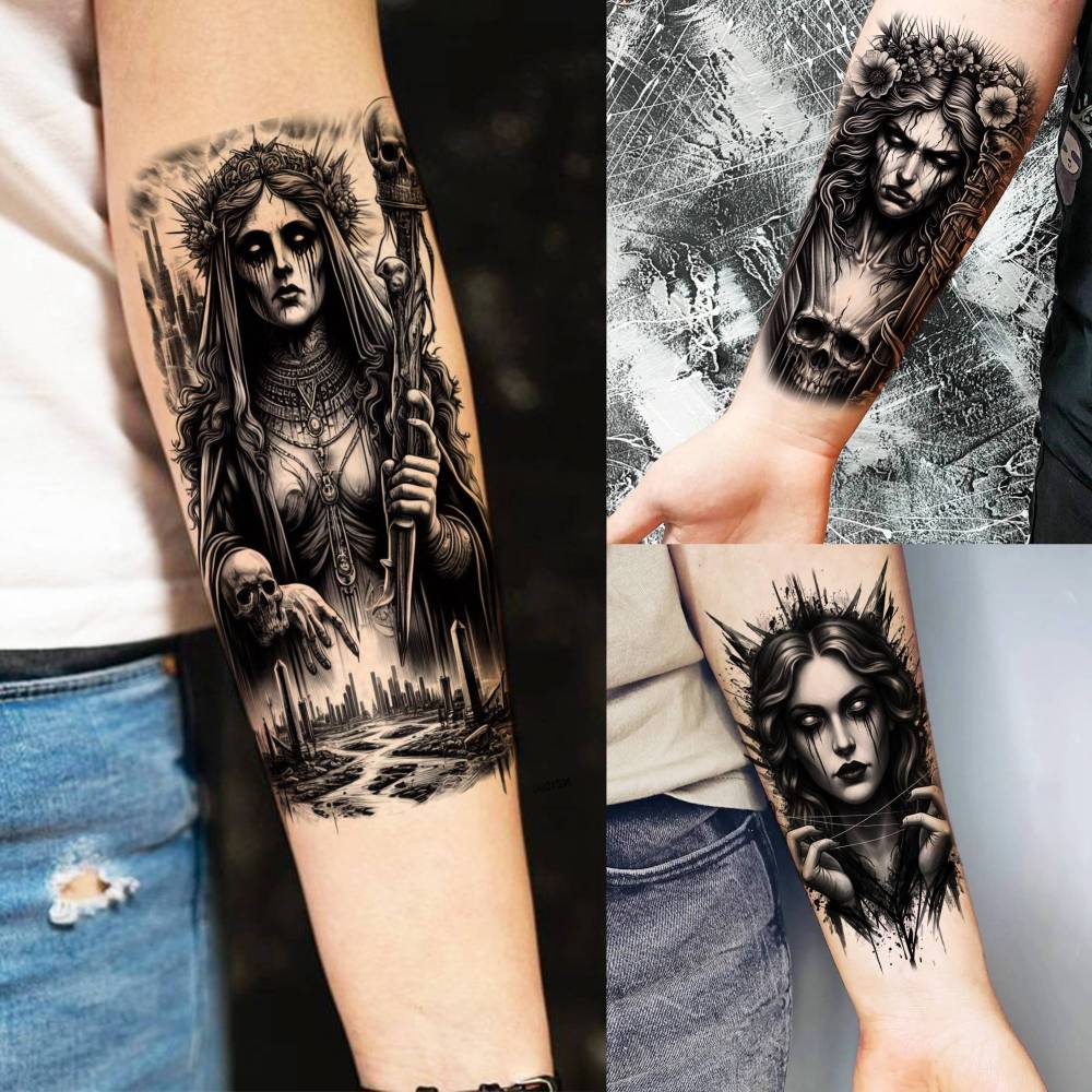 67 Sheets Black Gothic Temporary Tattoos For Men Women, Halloween Death Devil Evil Spirit Satan Fiend Demon Half Arm Sleeve Tattoo Stickers Scary Face Vampire Zombies, Prison Fake Tattoos For Adults