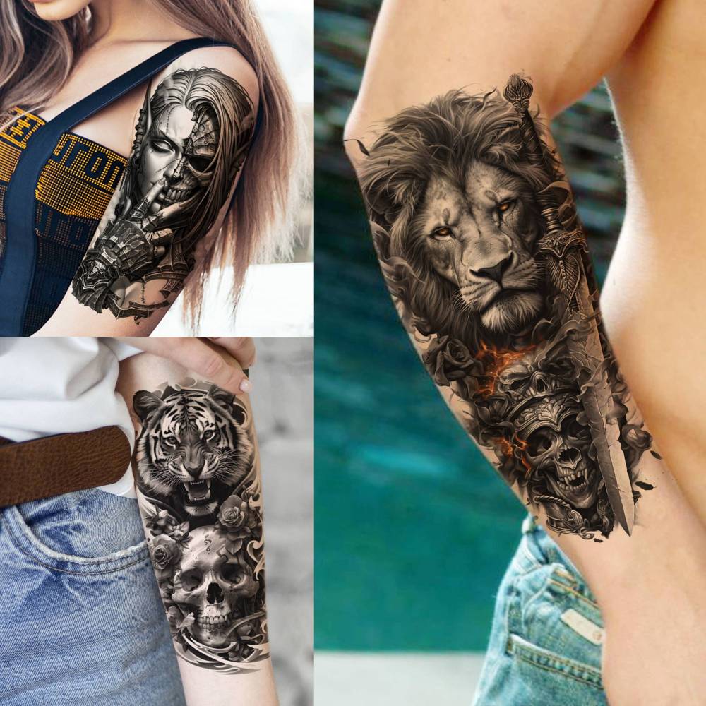 73 Sheets Black Wolf Lion Temporary Tattoos For Men Women, Halloween Half Arm Sleeve Tattoo Stickers Tiger Zeus Jesus Christ Dragon, Bulk Temp Waterproof Fake Tattoos For Adults Owl Skull Skeleton