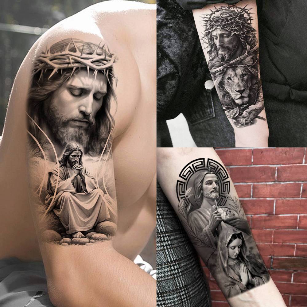 74 Sheets Jesus Christ Temporary Tattoos For Women Men, Half Arm Large Religious God Christian Lion Cross Fake Tattoos Adults, Bulk Realistic Angels Virgin Mary Tattoos Stickers Faith Peace