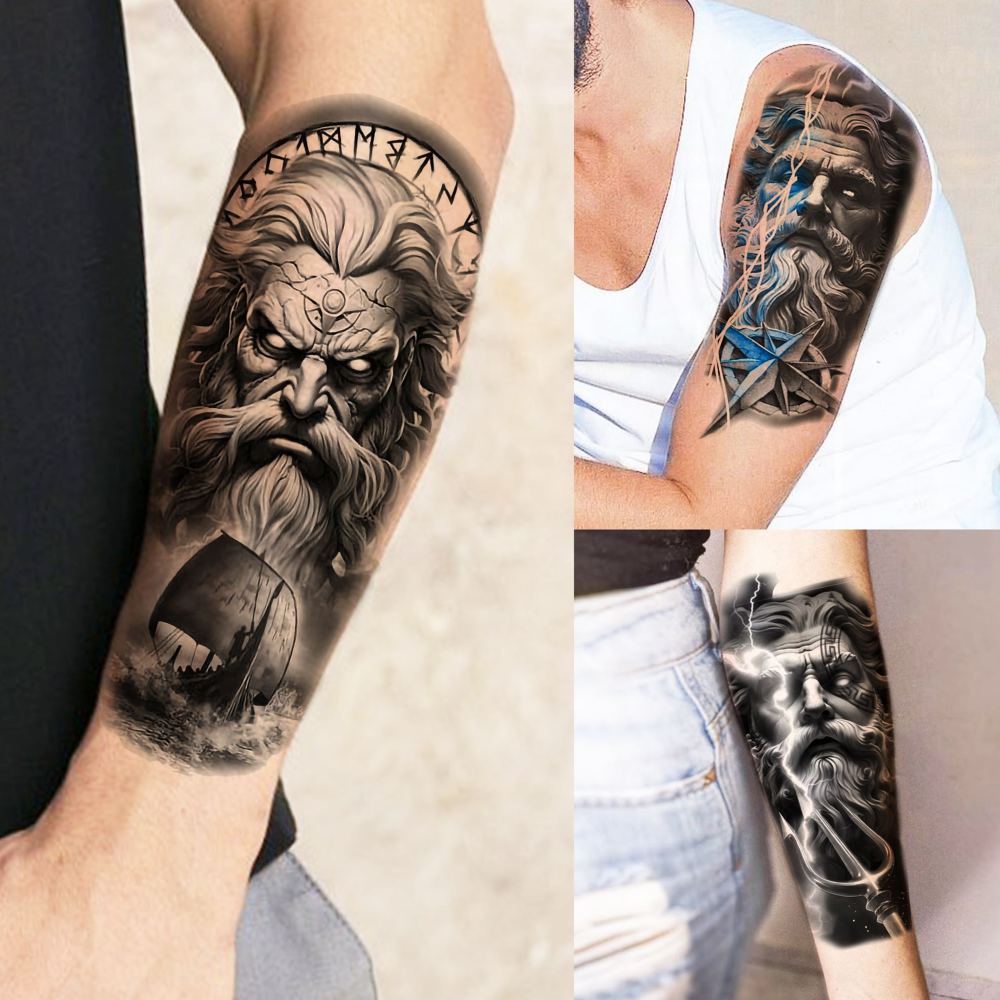 74 Sheets Black King Of The Greek God Zeus Temporary Tattoos For Women Men Adults Mythology, Poseidon Trident Halloween Fake Tattoo Stickers Compass Tribal Eye Totem, Temp Gothic Tattoo Lightning Bolt
