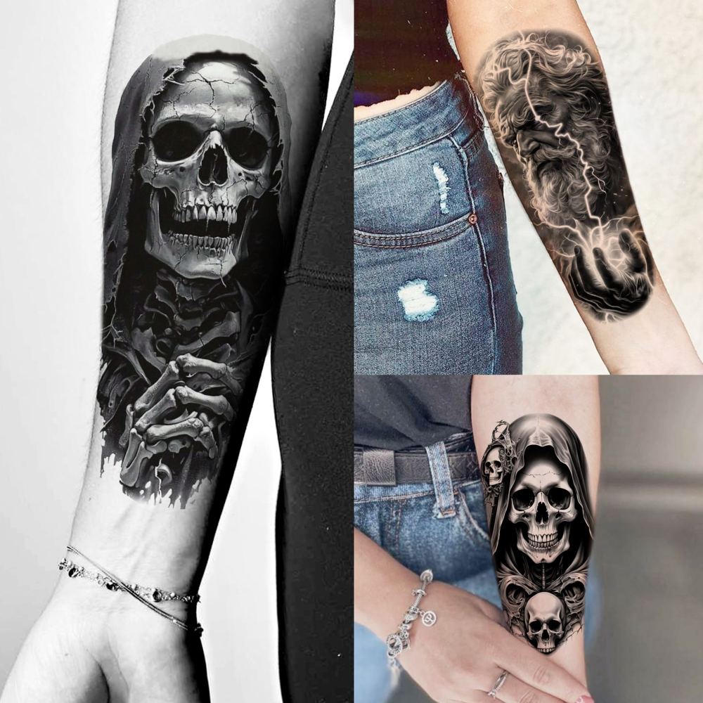 75 Sheets Skull Temporary Tattoos For Men Adults Forearm, Halloween Zeus God Lion Poseidon Half Arm Sleeve Tattoo For Women Jesus Christ Skeleton Dragon Owl, Realistic Fake Tattoo Stickers Wolf Tiger