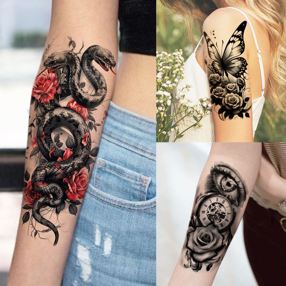 66 Sheets Snake Rose Flower Temporary Tattoos For Women Girls, Dragon Panda Florals Half Arm Sleeve Tattoo Sticker Dreamcatcher Floral, Skull Temp Butterfly Fake Tattoos For Adults Lion Tiger Leopard