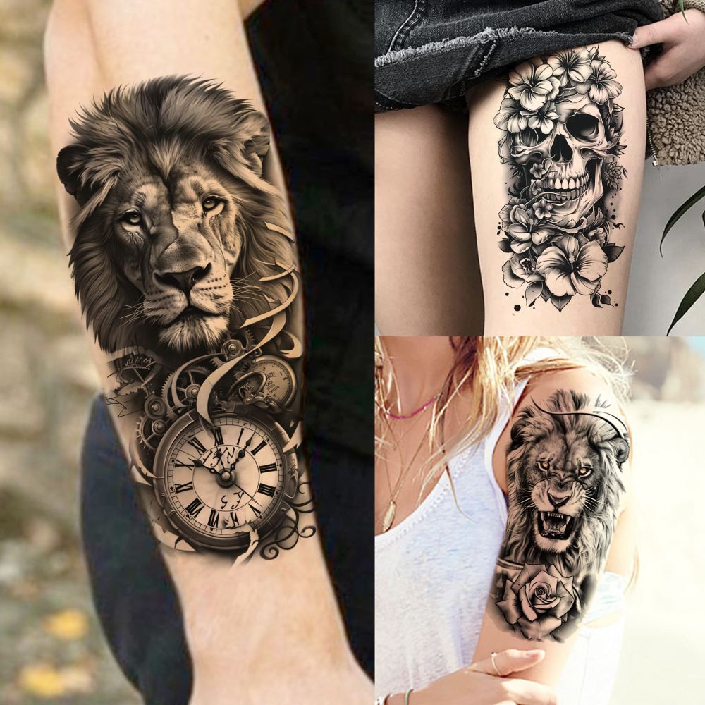 73 Sheets Realistic Lion Temporary Tattoos For Men Women Adults, Zeus Poseidon God Half Arm Sleeve Fake Tattoo Sticker Tiger Wolf Skull Flower, 3D Temp Bulk Long Lasting Owl Ship Halloween Tattoo Rose